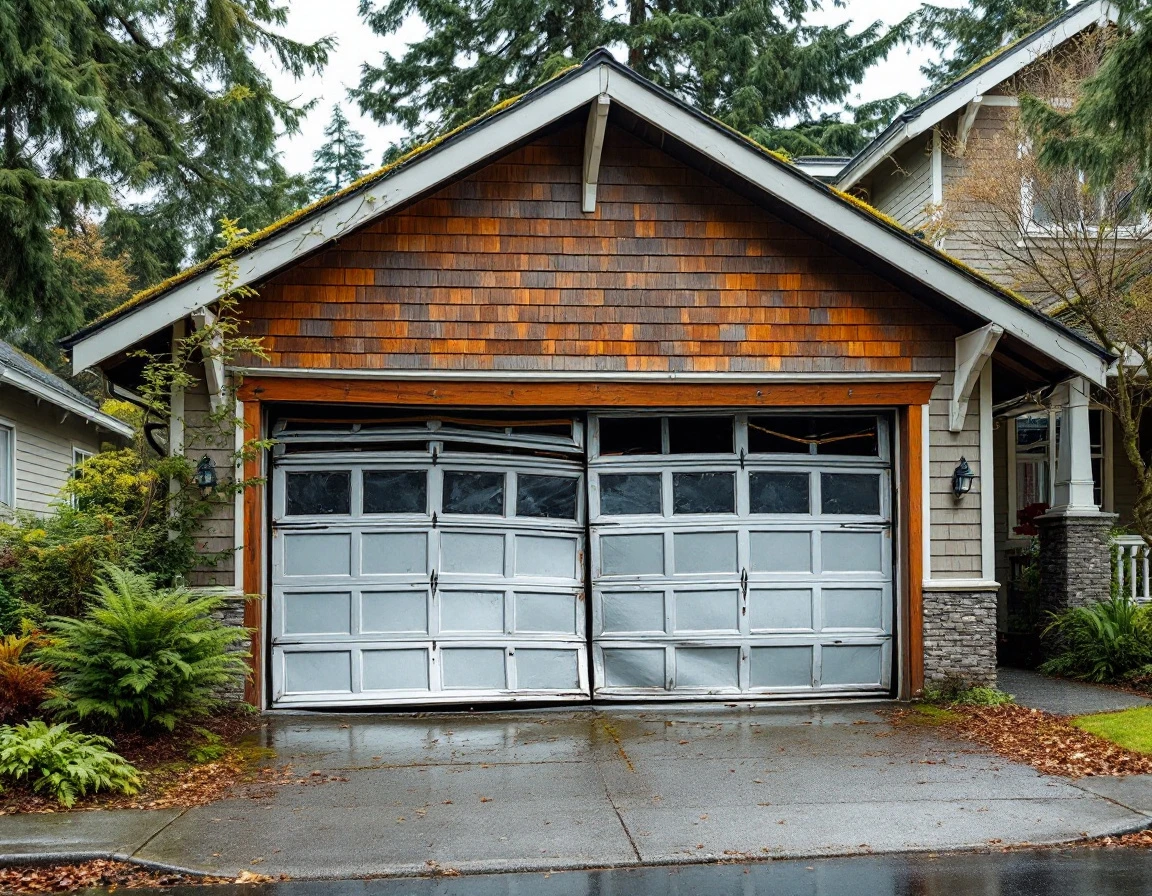 Damaged garage door buckled off its tracks on a craftsman home in Portland, Oregon after seismic activity