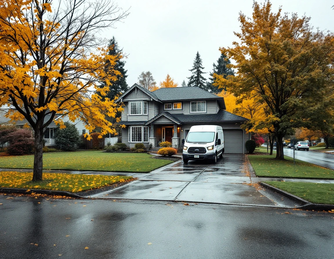 Suburban Washington home with contractor van in driveway during fall season under overcast sky