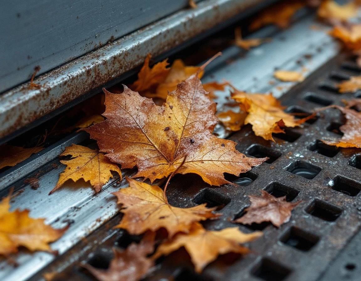 Wet fall leaves blocking garage door track and floor drain with standing water