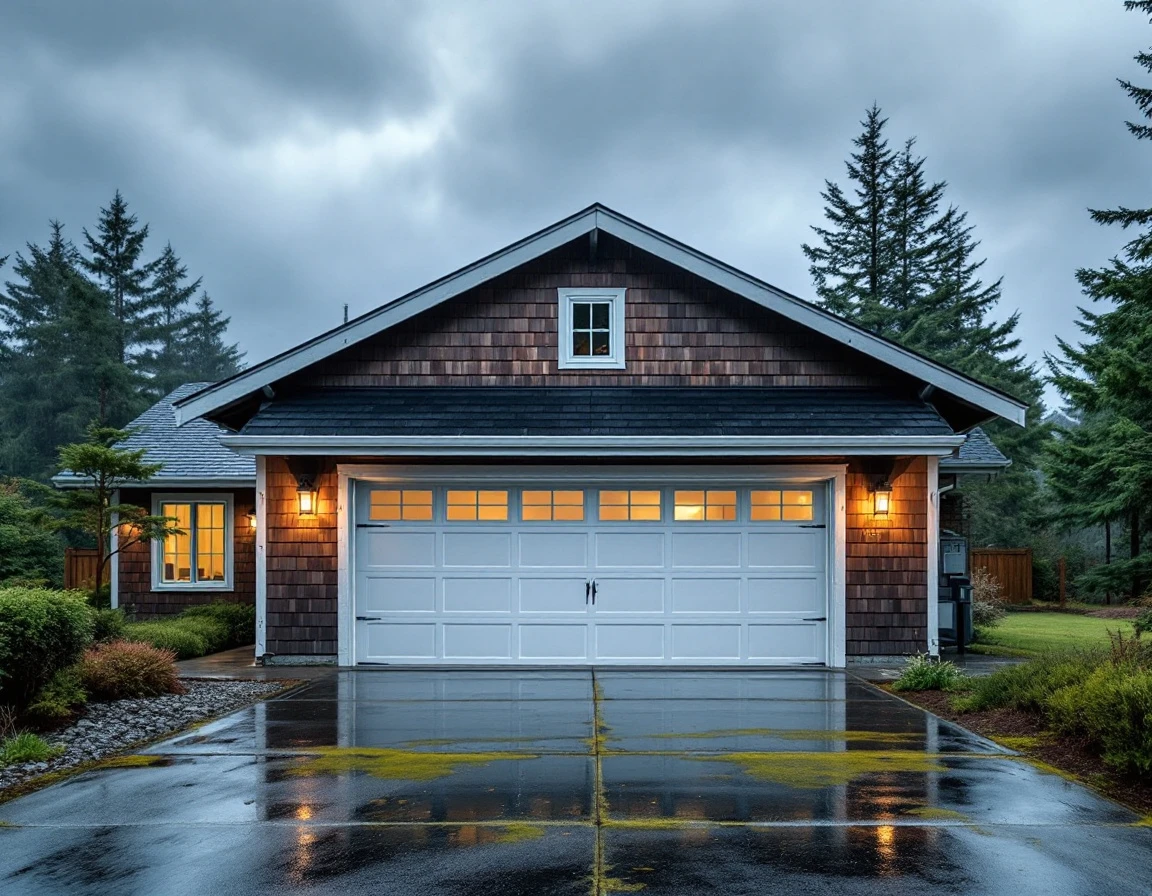 Reinforced impact-resistant garage door on coastal Oregon home with storm clouds gathering overhead