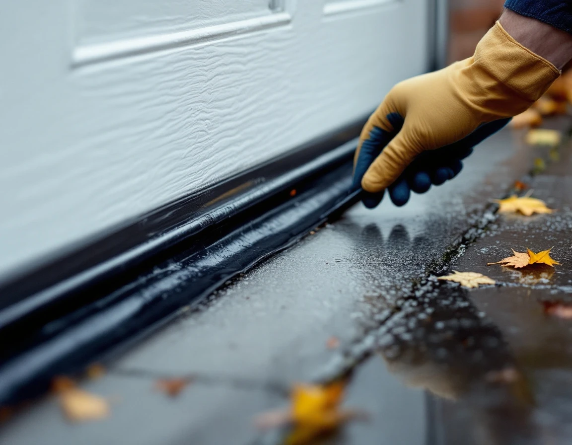 Garage door bottom seal inspection showing worn rubber weatherstripping on wet concrete driveway