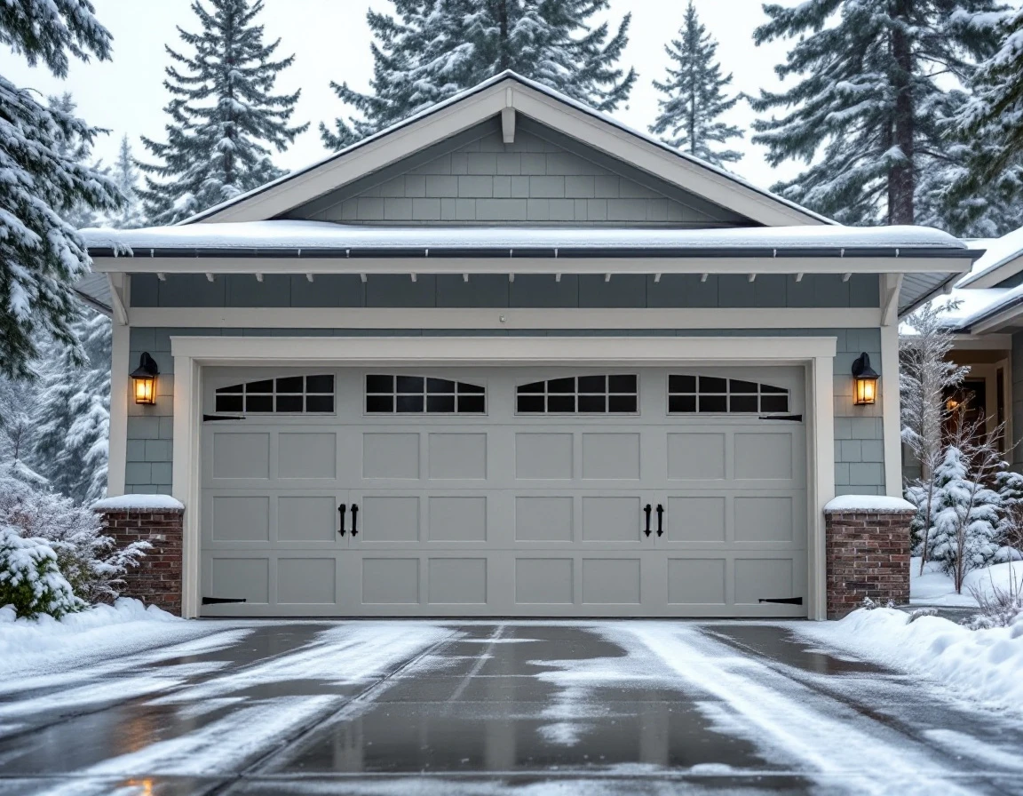 Garage door on Oregon craftsman home showing weatherstripping and frost during winter conditions