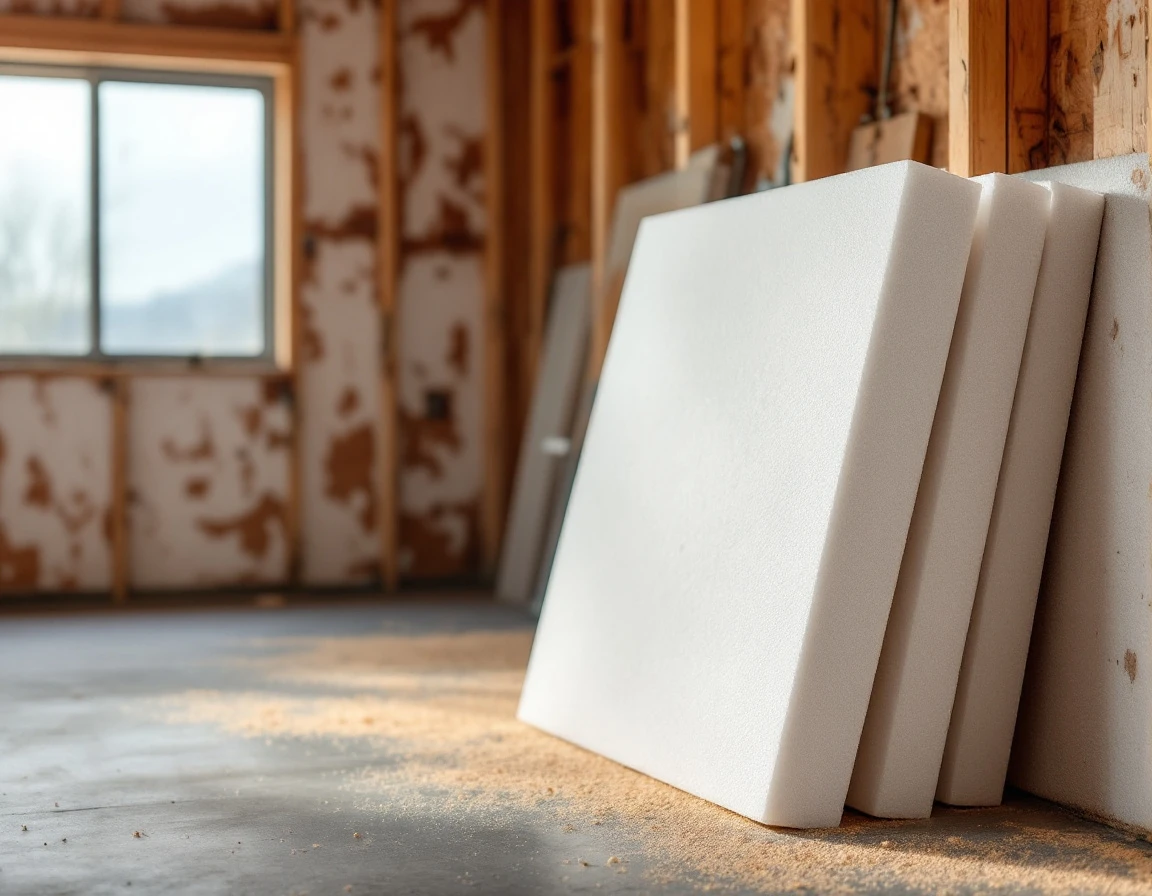 Expanded polystyrene foam insulation boards showing characteristic beaded texture in Central Oregon garage workshop
