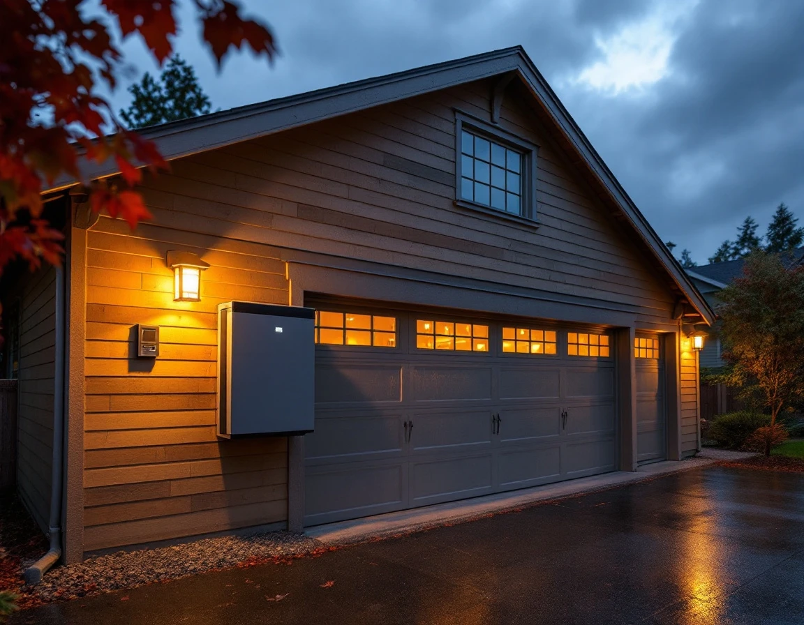Residential garage with battery backup system mounted on exterior wall during fall storm at dusk