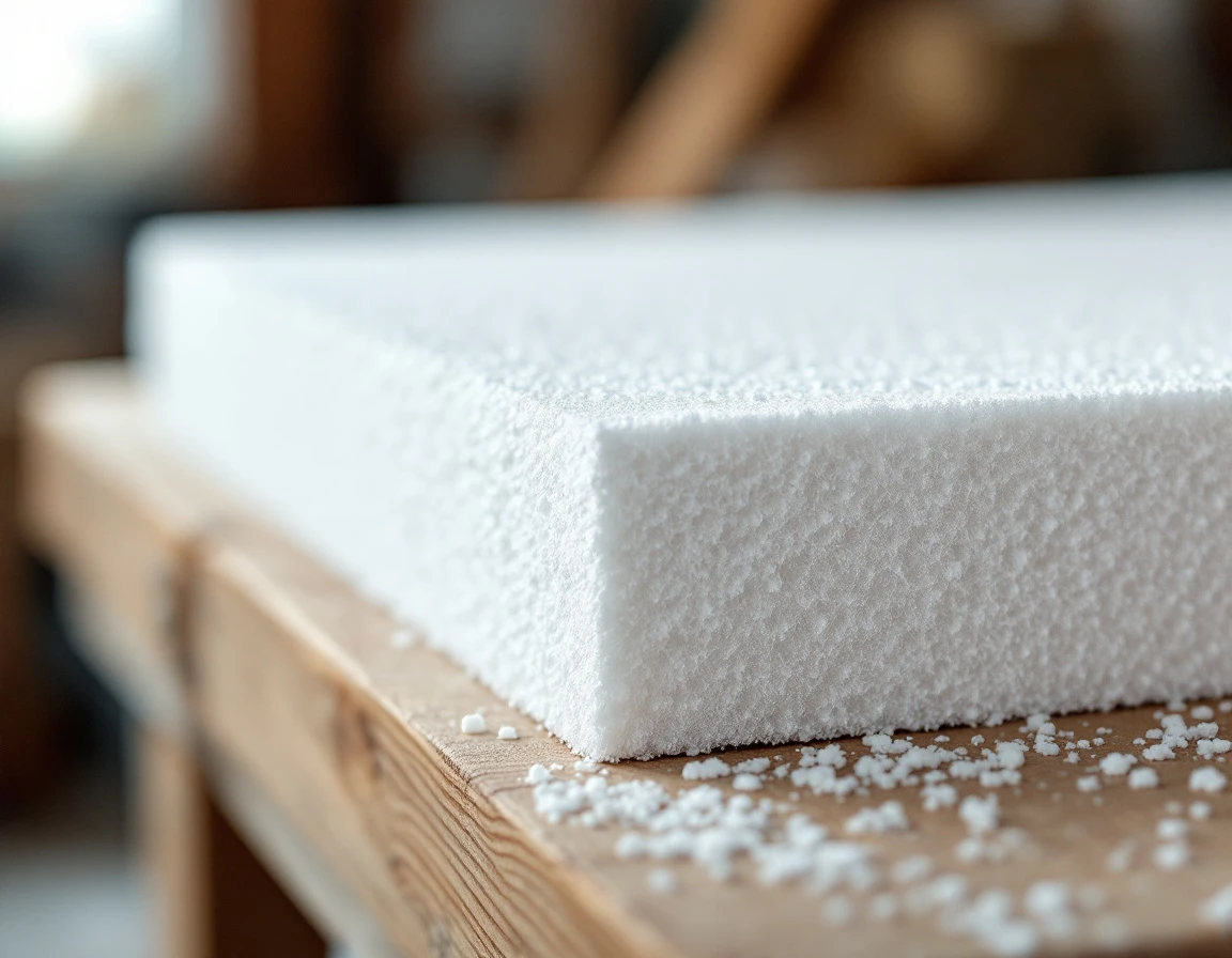 Close-up of white polystyrene foam insulation board showing characteristic beaded cellular structure