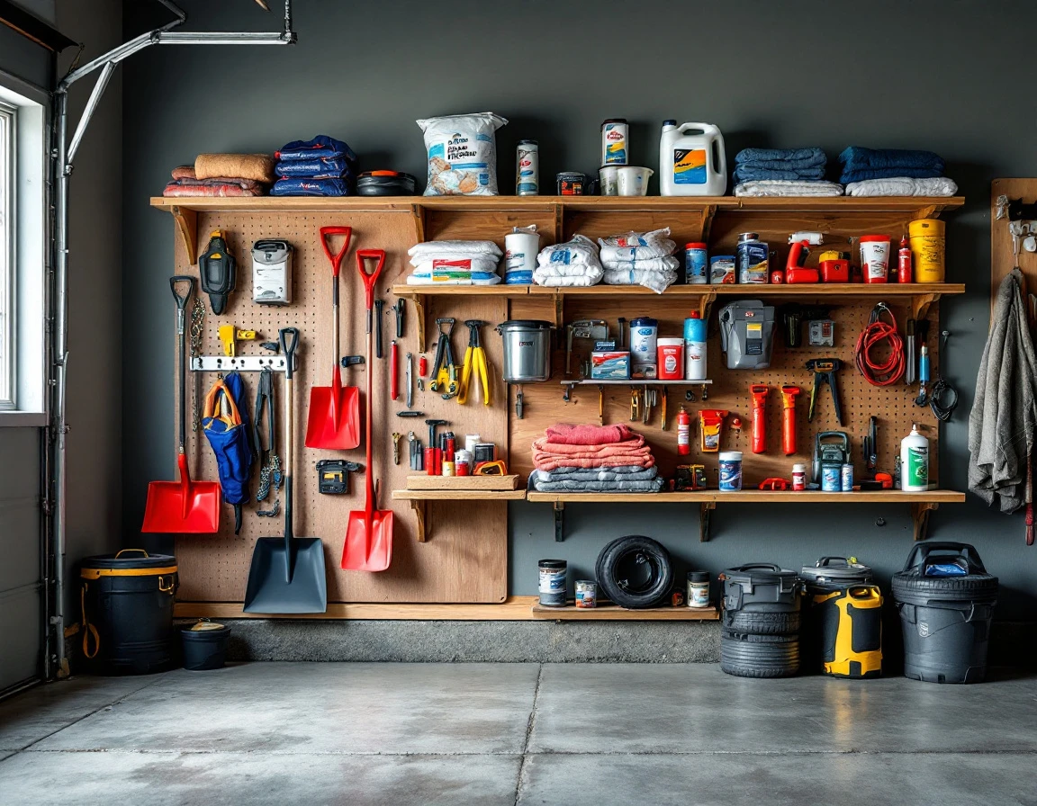 Organized garage storage wall with winter emergency supplies and weatherization tools on shelving