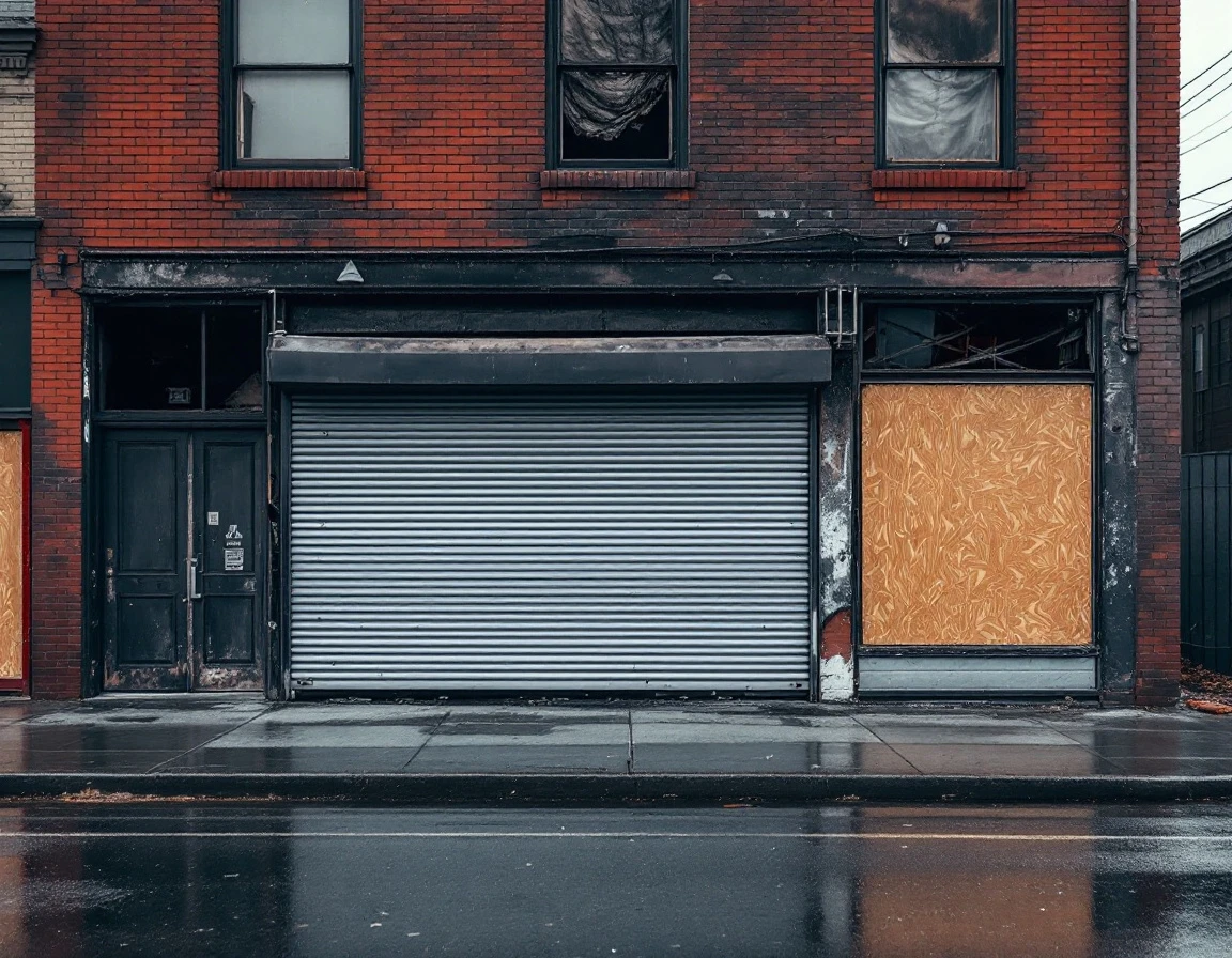 Fire-damaged commercial storefront with emergency metal security shutter and boarded windows in SE Portland