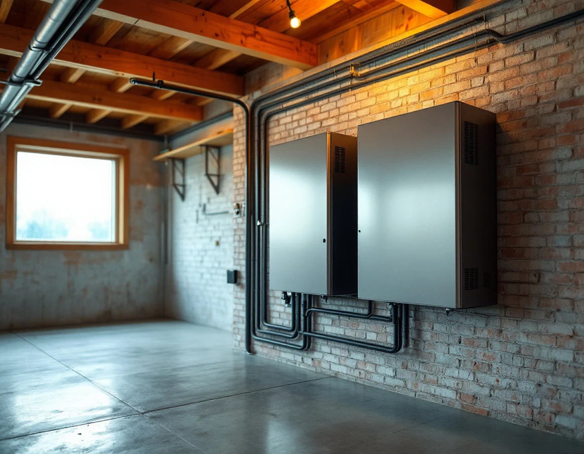 Battery backup inverter mounted on garage wall with warm natural lighting and wooden beams overhead