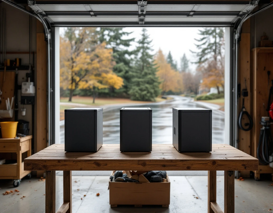 Three unmarked battery backup units on wooden workbench in residential garage with open door