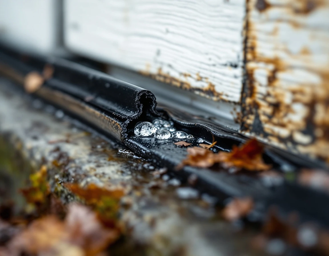 Worn garage door weatherstrip seal with visible cracks and water damage from Portland rainfall