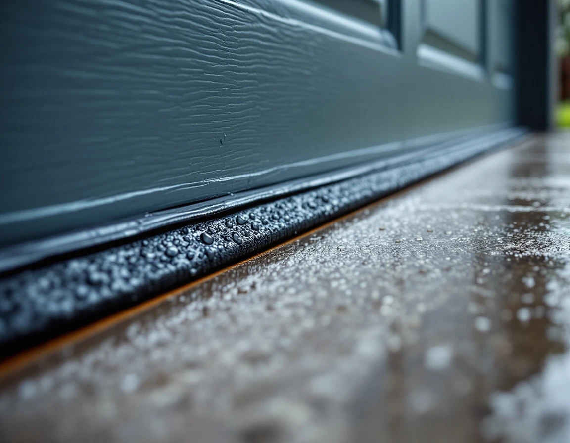 Garage door bottom weather seal with water droplets on rubber weatherstripping against concrete driveway
