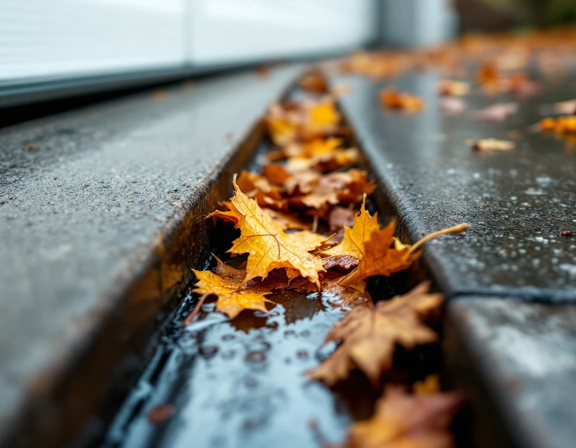 Fallen maple leaves clogged in garage door track channel with water accumulation