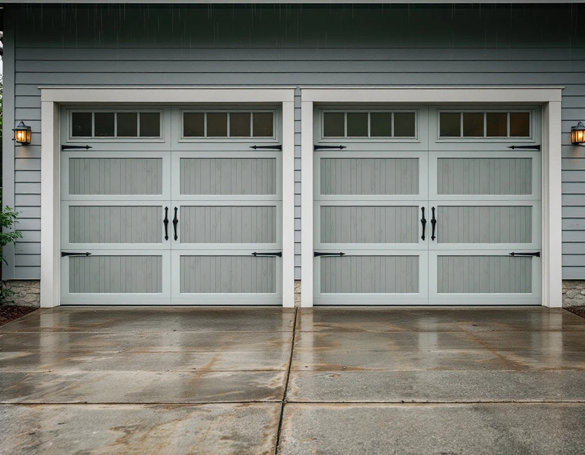 Two-car garage door with metallic finish on Oregon home showing structural alignment and hardware details
