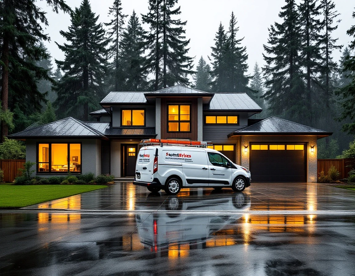 White service van parked at modern Washington home surrounded by Pacific Northwest forest setting