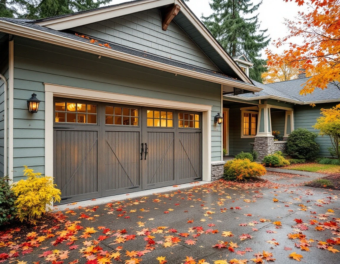 Oregon craftsman home with maintained garage door surrounded by autumn leaves before winter weather arrives