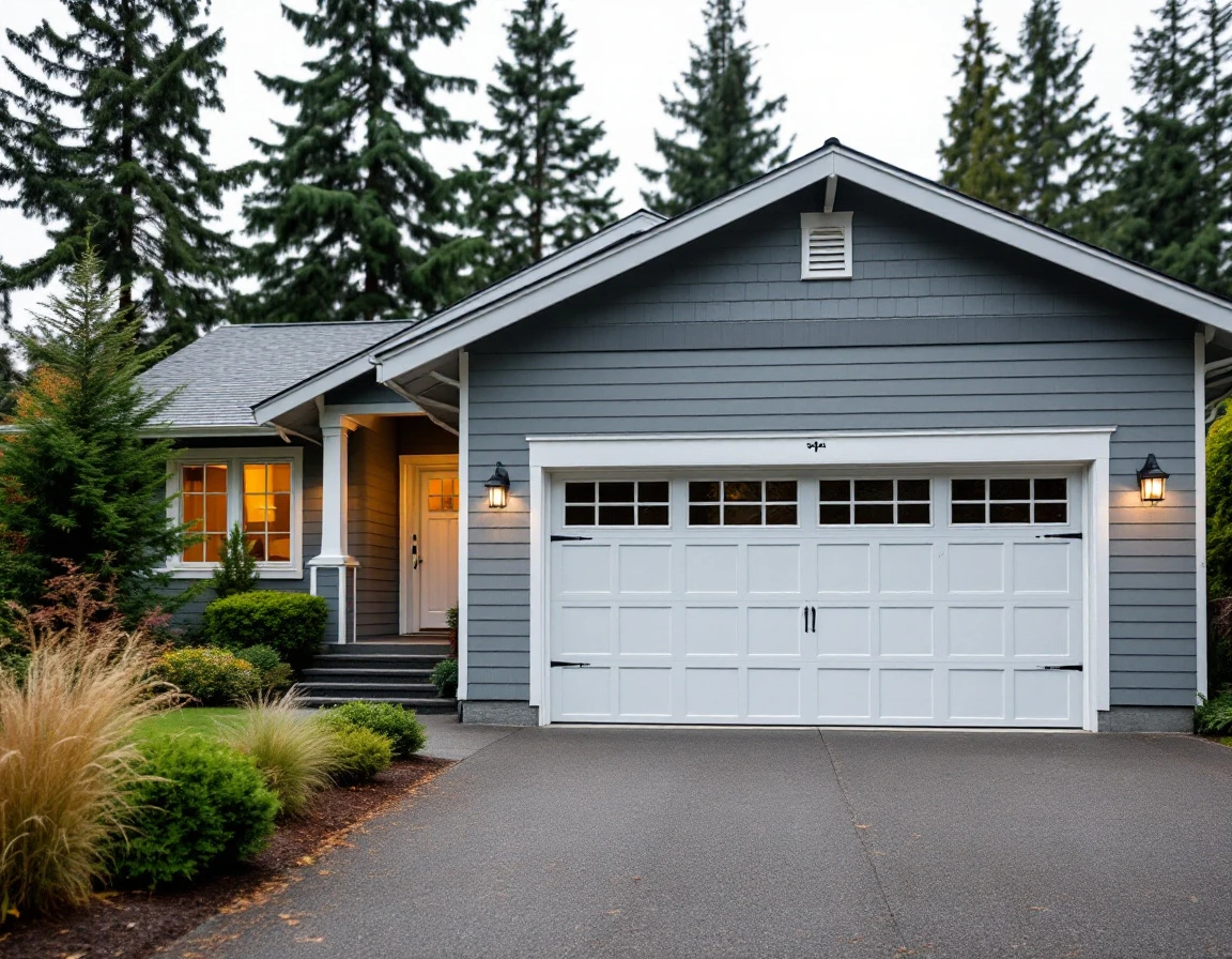 Pacific Northwest home with reinforced garage door prepared for severe weather conditions