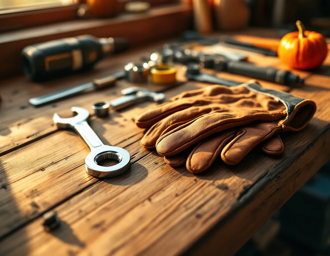 Leather work gloves and mechanic's tools on wooden workbench with autumn pumpkin in warm natural light