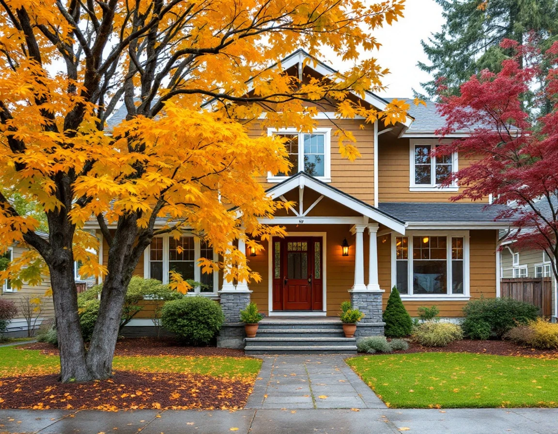 Portland craftsman home with clean gutters, weatherstripping, and trimmed landscaping under fall foliage