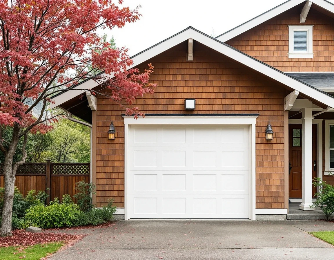 White garage door with wall-mounted opener unit on craftsman home in Portland neighborhood