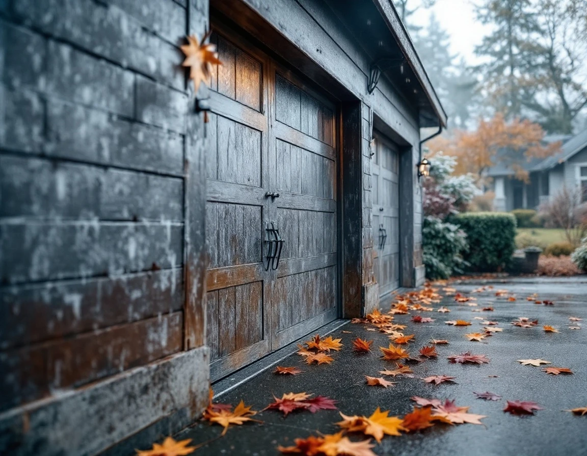 Frost forming on garage door hardware and weather seals during cold Portland October morning