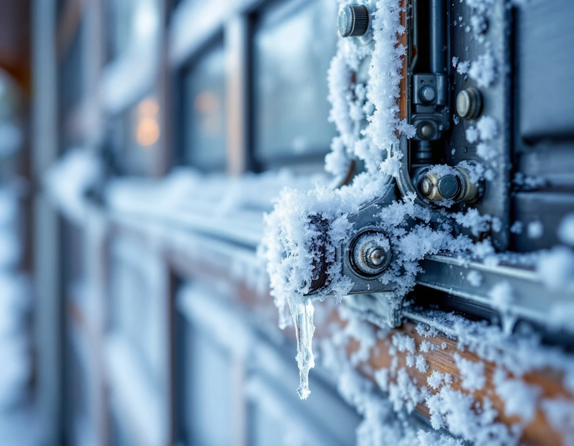 Frost and ice buildup on garage door tracks during Portland winter freeze