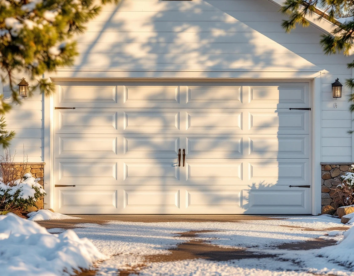 White garage door with clean hardware on Central Oregon home with winter snow accumulation