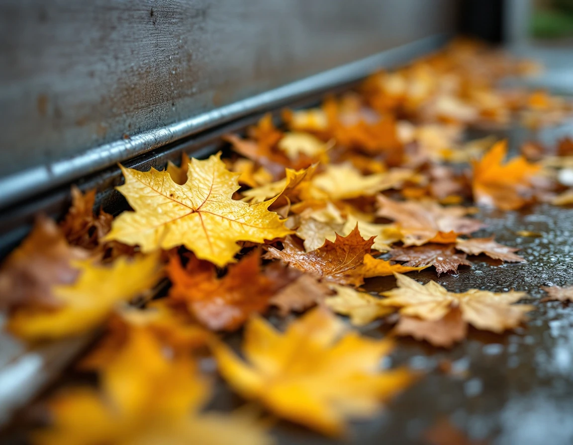 Wet autumn leaves clogged in garage door track with standing water in Portland Metro area