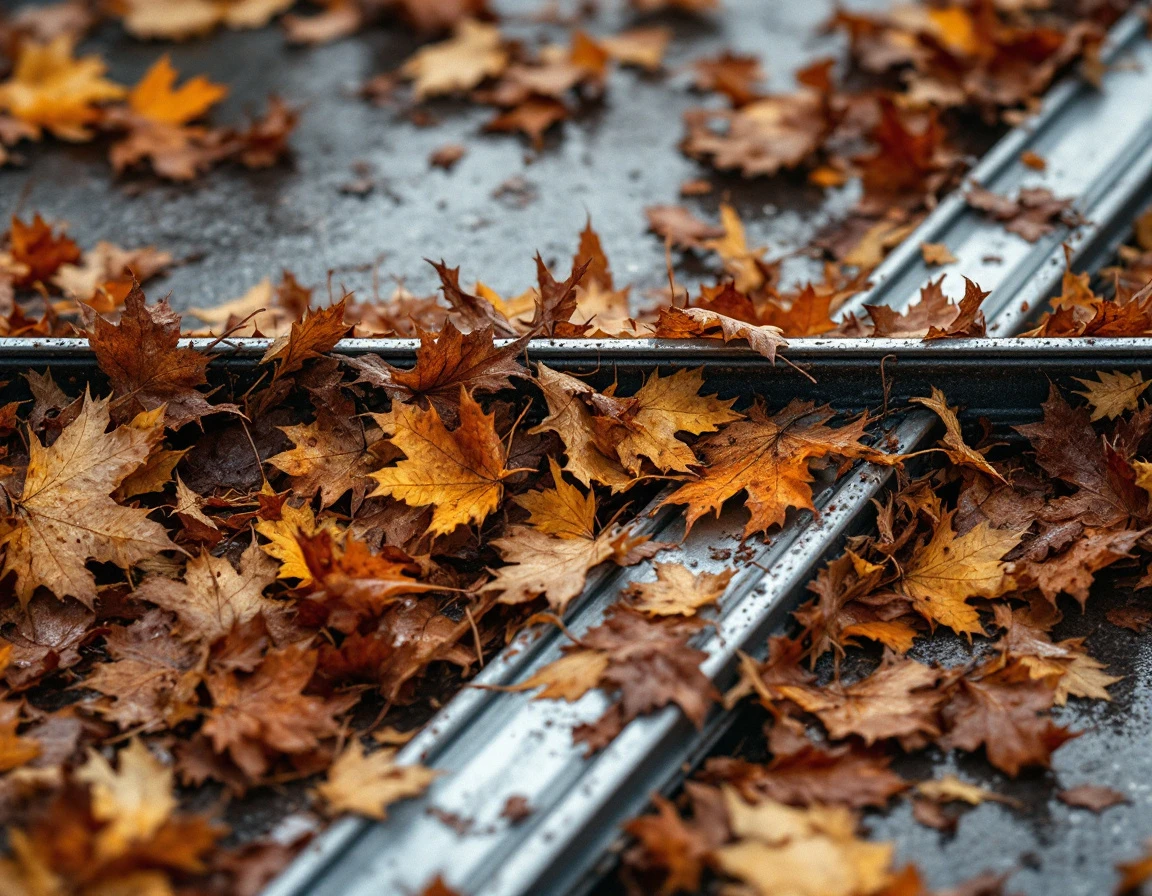 Autumn leaves clogging a garage door track with accumulated moisture and debris