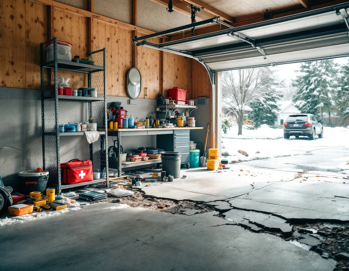 Beaverton garage with structural damage and emergency preparedness supplies after vehicle collision