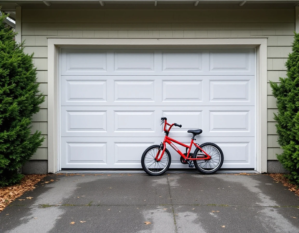 Garage door blocked by bicycle with misaligned track visible on residential home