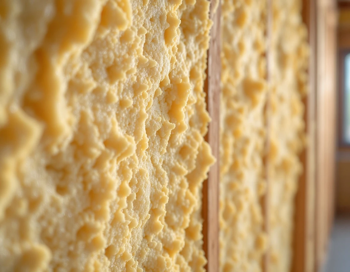 Polyurethane spray foam insulation showing textured cellular structure in garage wall cavity