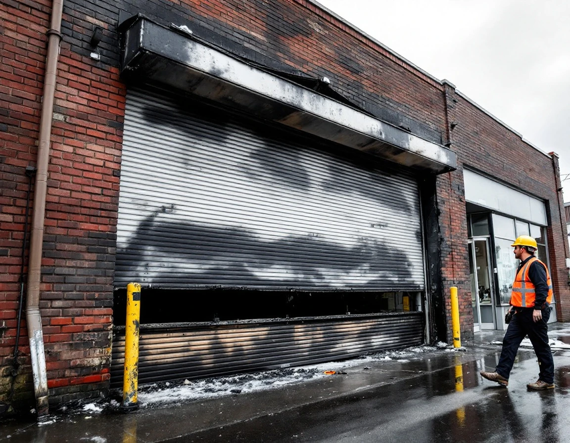 Fire-damaged commercial overhead door being assessed by technician in SE Portland storefront