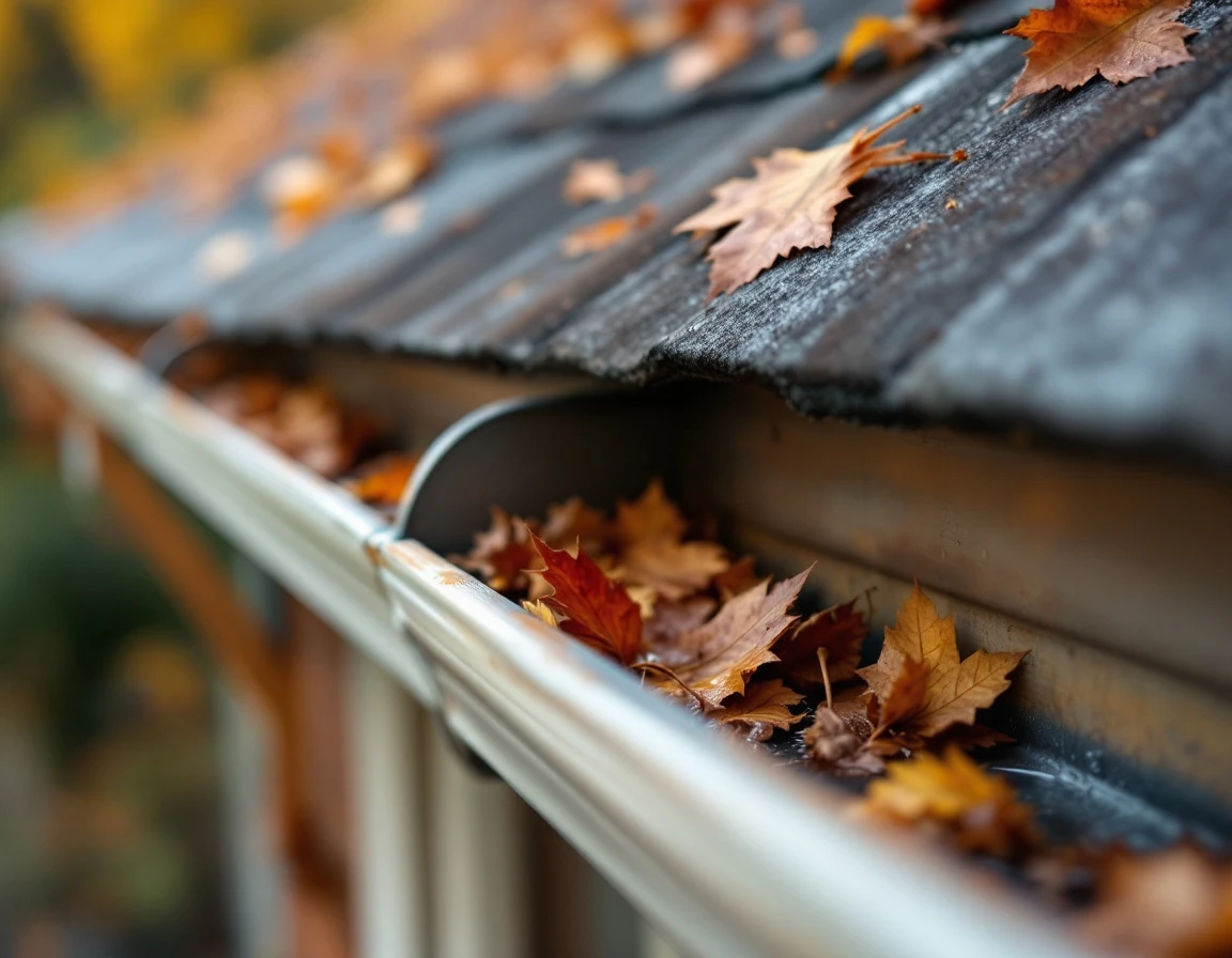 Rain gutter with autumn leaves and water pooling on Portland craftsman home showing drainage maintenance needs