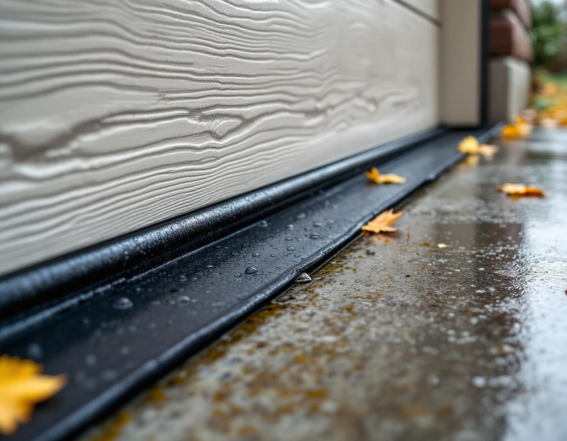 Garage door bottom seal meeting wet concrete driveway with water pooling near worn rubber weatherstripping