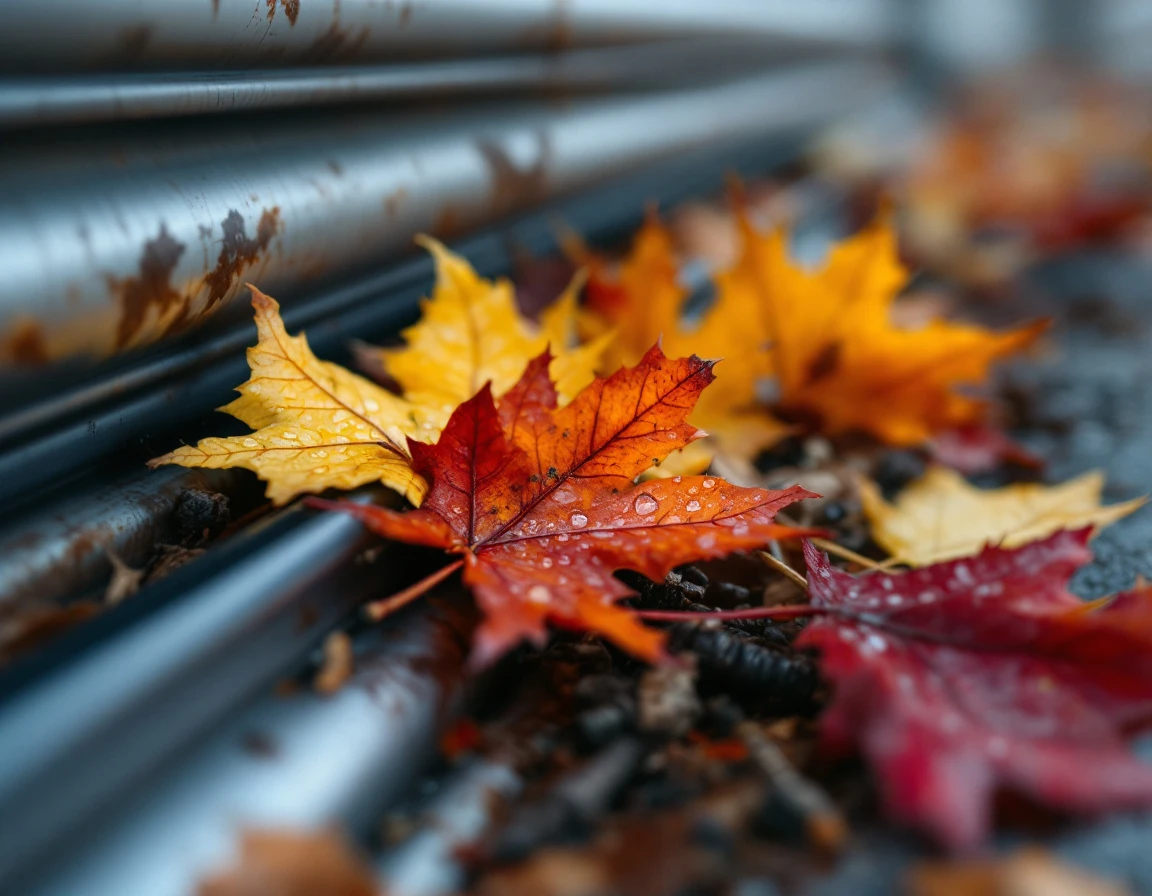 Autumn leaves and debris clogging aluminum garage door track channels