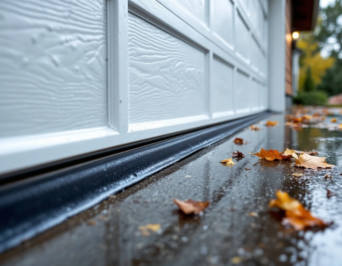 Garage door weather seal and track system showing rubber stripping meeting damp concrete driveway