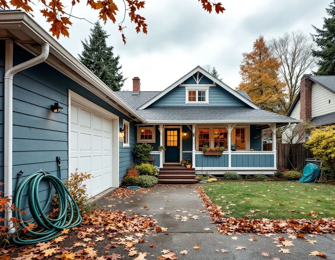Portland home exterior with garage and foundation showing winterization preparation supplies before first freeze