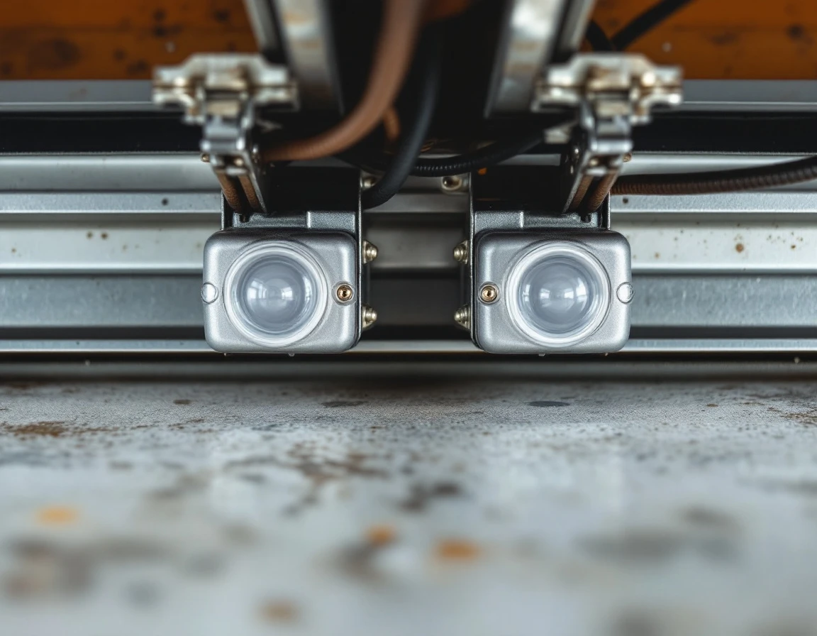 Garage door safety sensors mounted on track rails showing alignment mechanism and photoelectric components