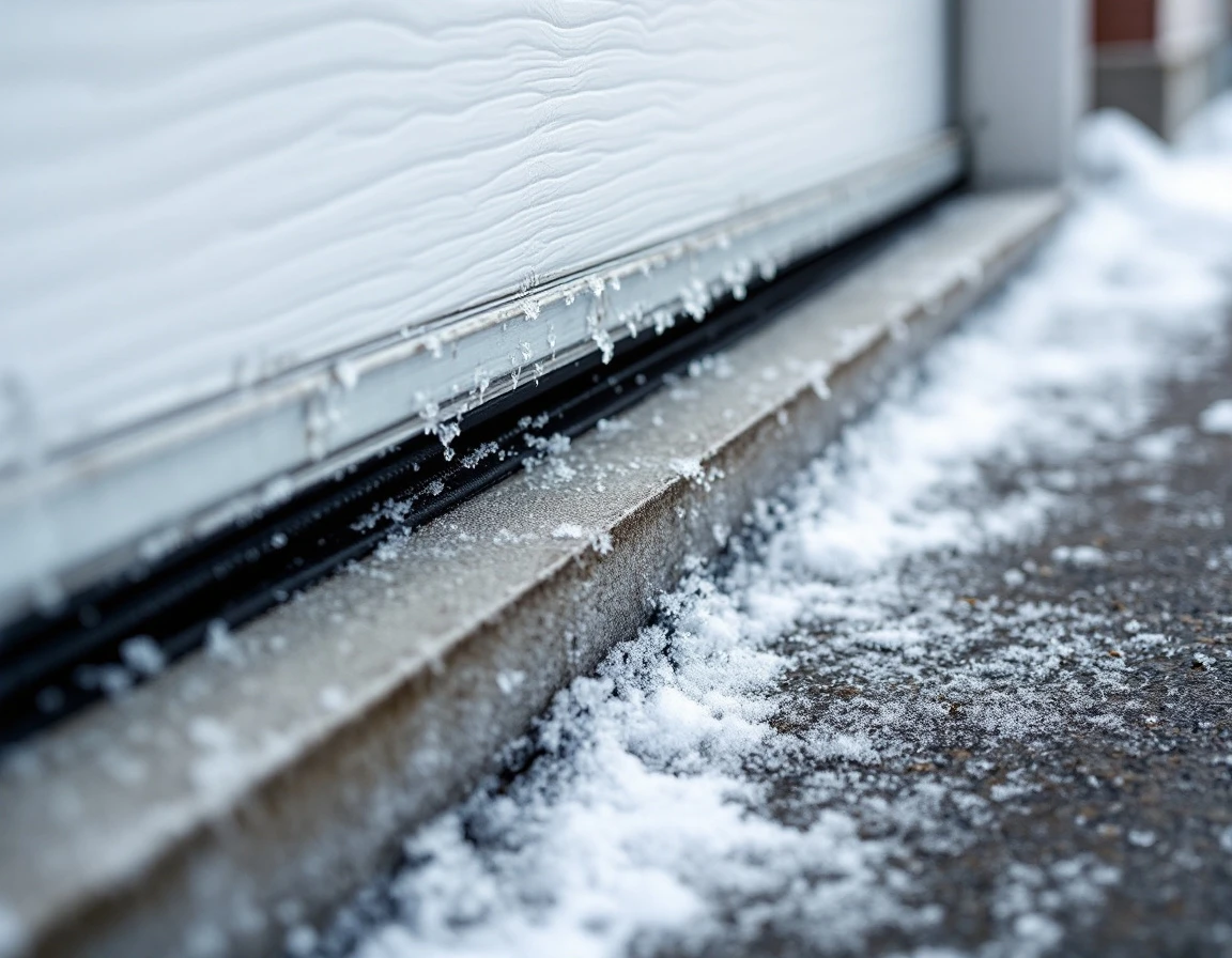 Frost accumulation on garage door weatherstripping and threshold during Portland winter morning