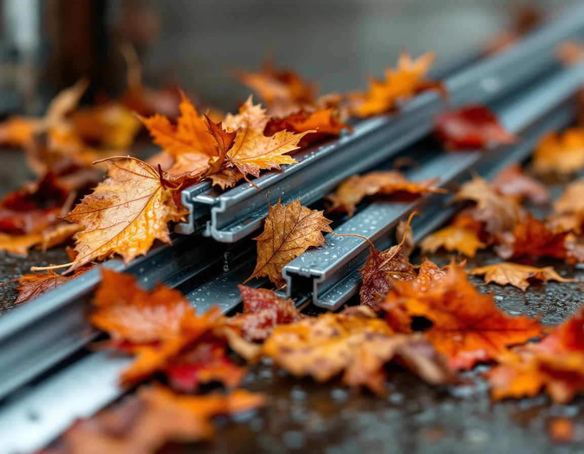 Wet autumn leaves clogging a garage door track with visible debris and moisture buildup