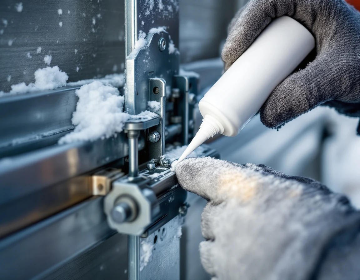 Gloved hands applying weatherproofing sealant to garage door hardware in snowy Central Oregon winter