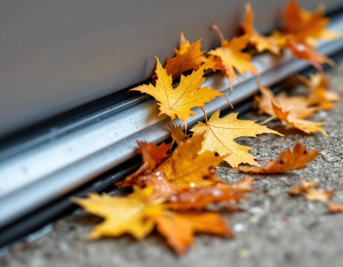 Autumn leaves clogged in garage door track showing debris accumulation