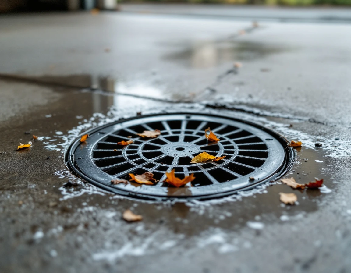 Concrete garage floor drain with metal grate and pooled water from seasonal rain