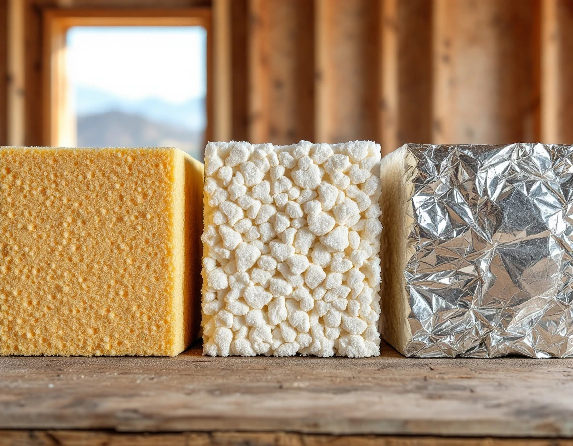Three insulation materials side by side: polystyrene foam board, spray polyurethane foam, and reflective barrier