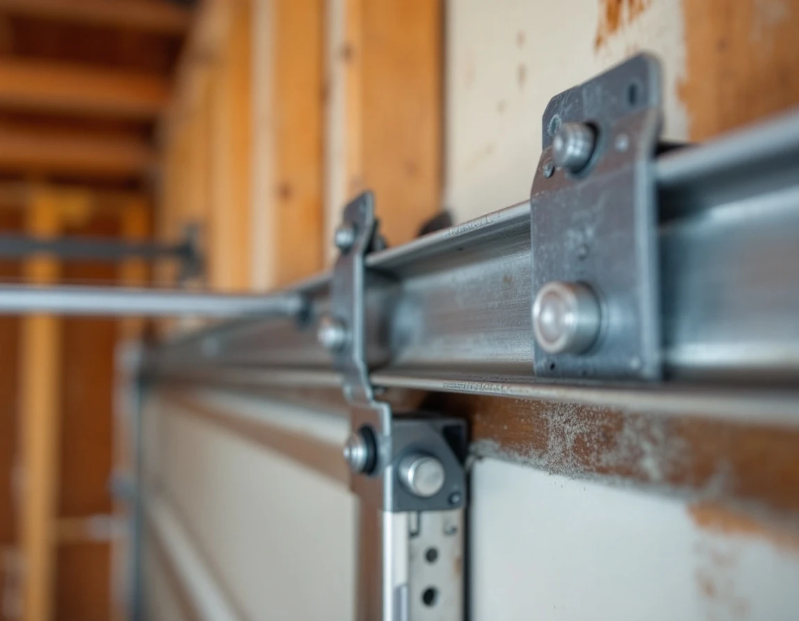 Close-up of garage door track and roller system showing alignment details and mechanical components