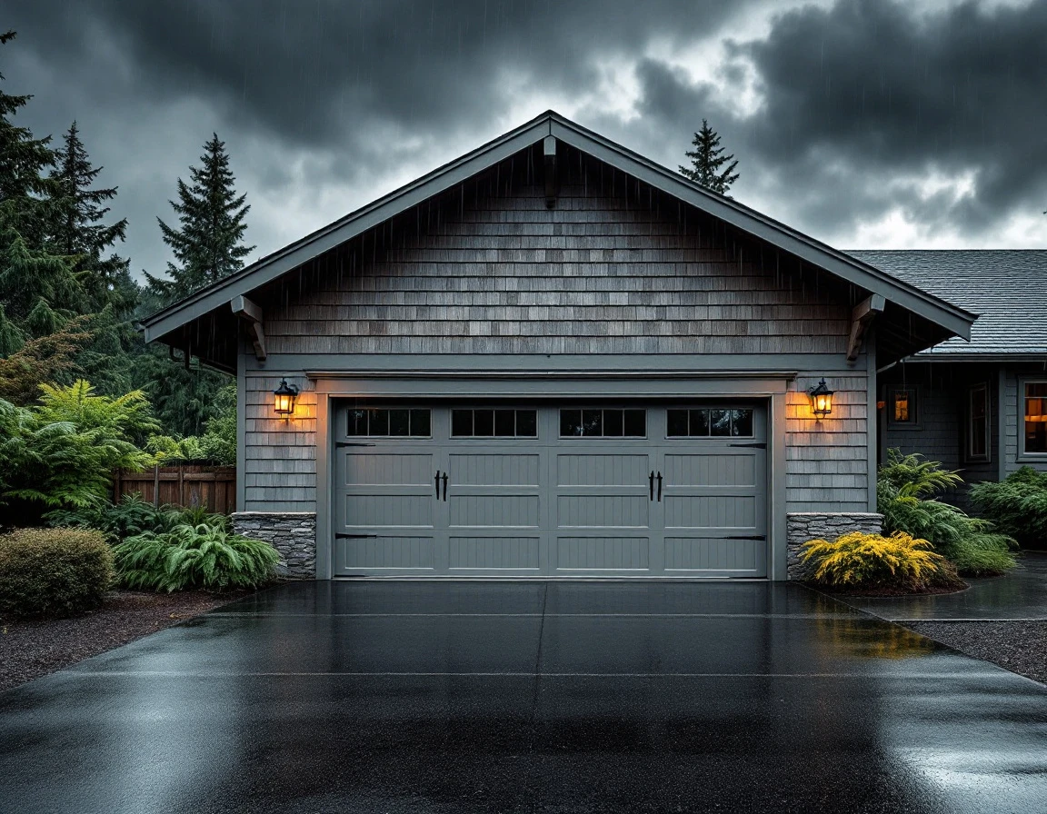Garage door on Oregon coastal home with storm clouds gathering overhead during hurricane season preparation