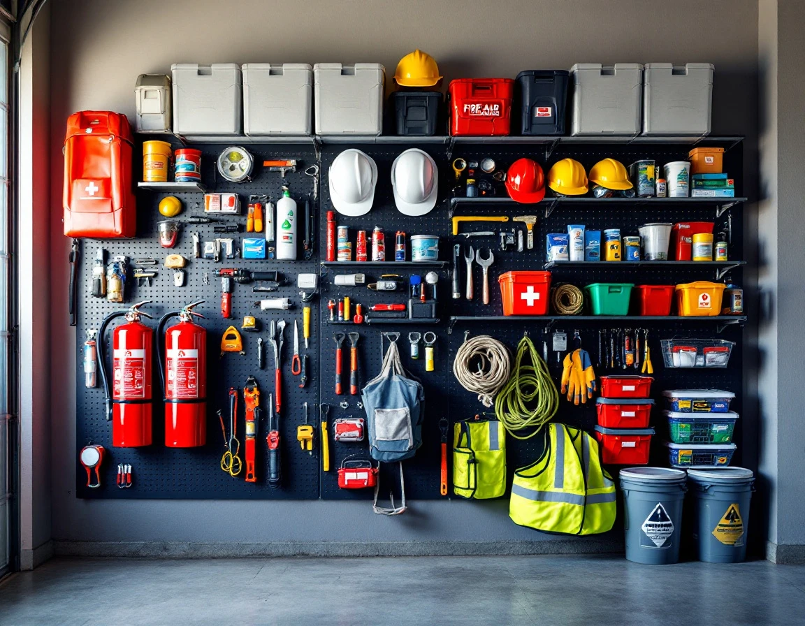Organized pegboard with fire extinguishers, first aid supplies, and emergency tools in residential garage