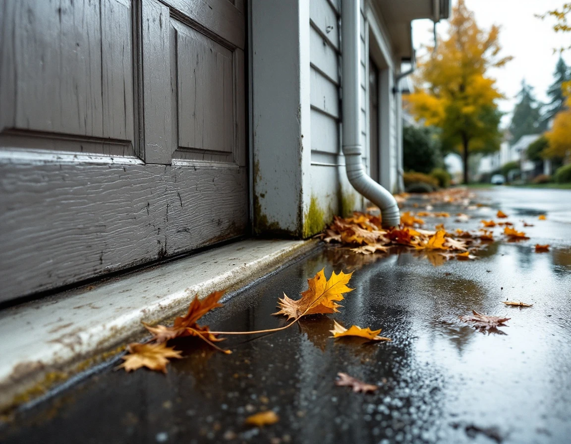 Garage door seal and drainage area showing wear and water pooling during Portland's rainy season