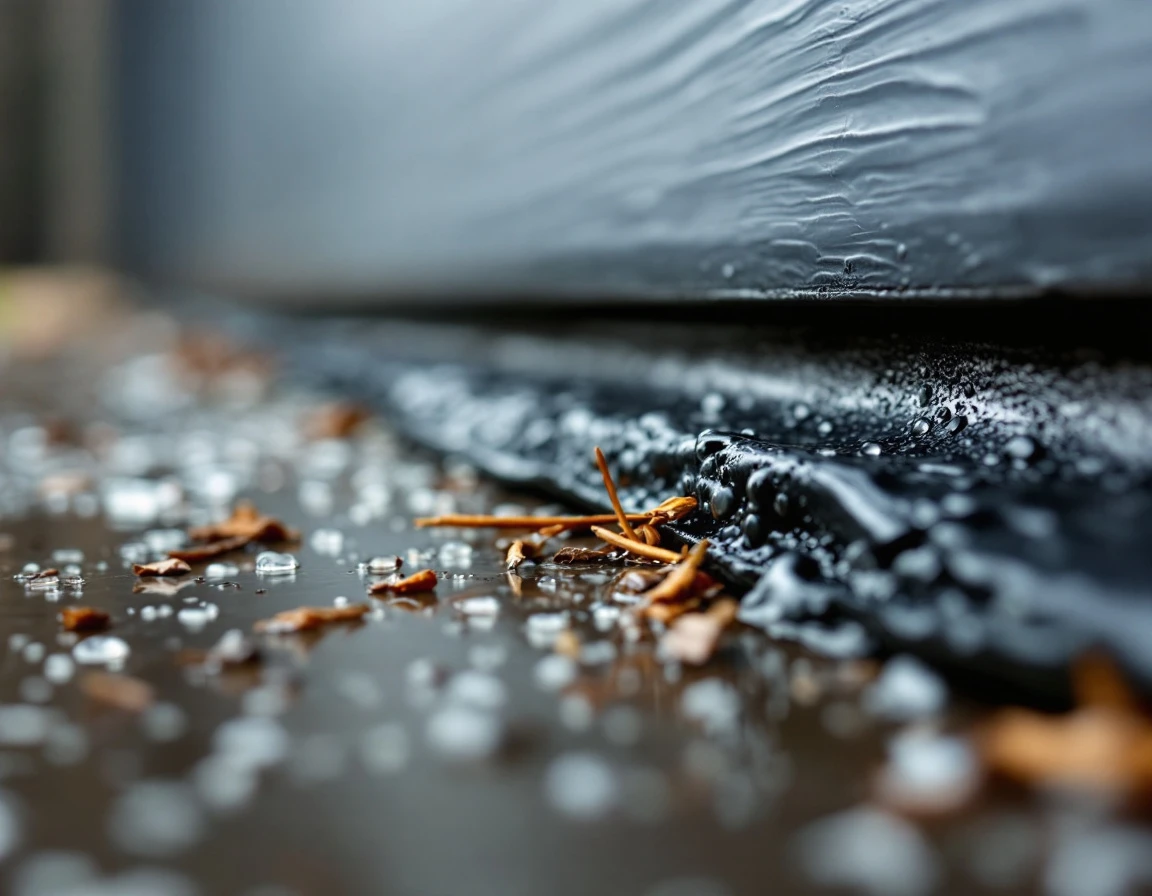 Close-up of garage door weatherstripping with water droplets and debris accumulation