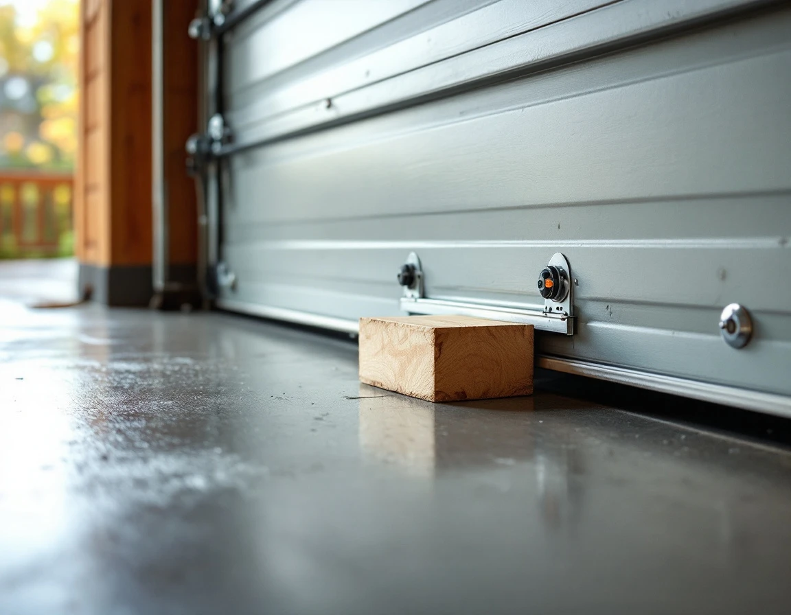 Wooden block positioned under garage door to test auto-reverse safety mechanism